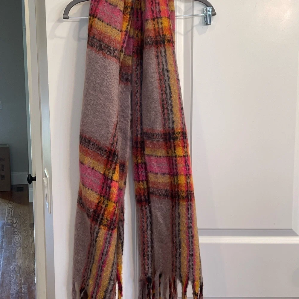 Grey pink and yellow plaid cozy scarf with tassels